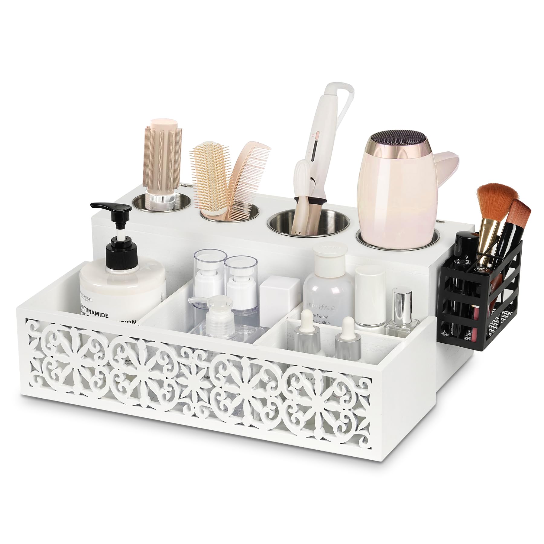 White Hair Dryer Holder & Bathroom Organizer - Hollow Out Design with Side Basket for Blow Dryer, Makeup & Toiletries | Countertop Vanity Storage Stand for Hair Tools & Cosmetics | Perfect for Bathroom, Salon & Home Organization