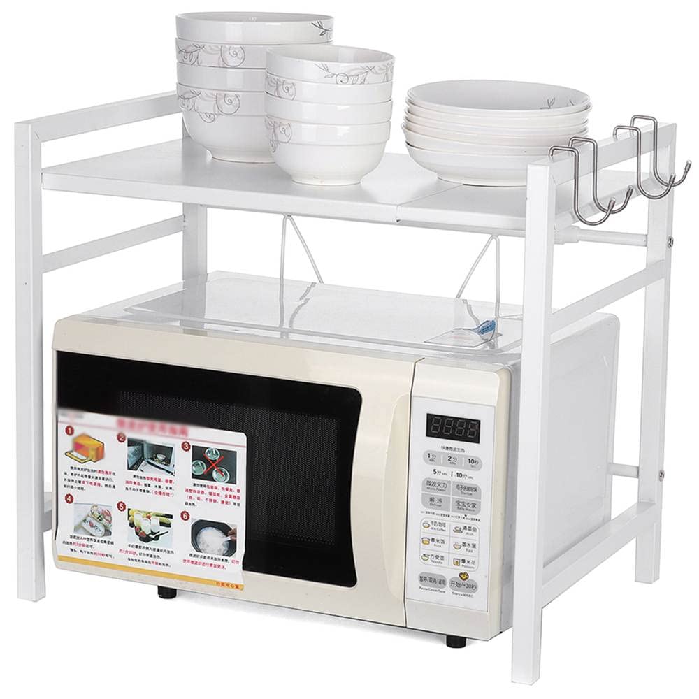 Expandable Microwave Oven Rack Shelf - Stainless Steel Storage Organizer for Kitchen, Bathroom & Office - Space-Saving Home Organization Solution - Perfect for Small Appliances, Spices, and Toiletries (White)