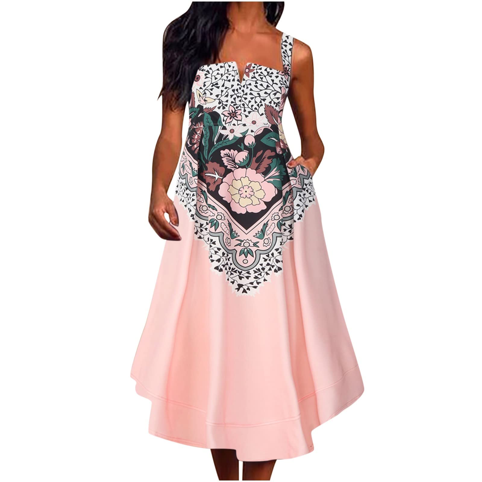 Women's A-Line Cami Dress - Summer Glamorous Midi Swing Dress with Pleated High Waist & Square Neck | Perfect for Cocktail Parties, Date Nights & Summer Vacations