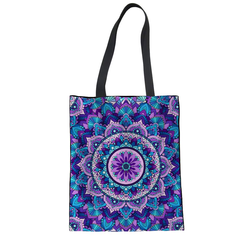 WELLFLYHOM Women's Canvas Shoulder Bag - Boho Mandala Printed Tote Bookbag, Foldable Reusable Cotton Shopping Bag with Handles | Perfect for Work, School, Travel & Grocery Shopping