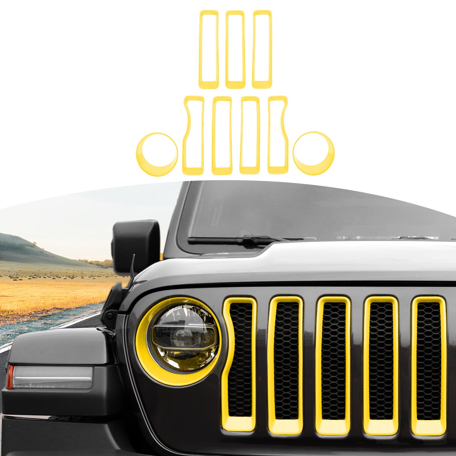 RT-TCZ Jeep Wrangler JL/JLU (2018-2022) Mesh Front Grille Insert with Headlight Covers - 9-Piece Yellow Exterior Accessory Kit for Off-Road Protection & Style Enhancement | Perfect for Trail Riding, Urban Driving & Jeep Customization