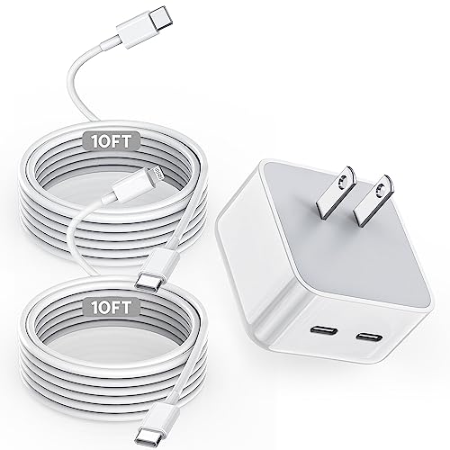 Fast 40W Dual USB C Wall Charger with 10FT USB C to Lightning & USB C to USB C Cables - MFi Certified for iPhone 14/13/12/11/X, iPad Pro/Air/mini - Perfect for Home, Office & Travel Charging
