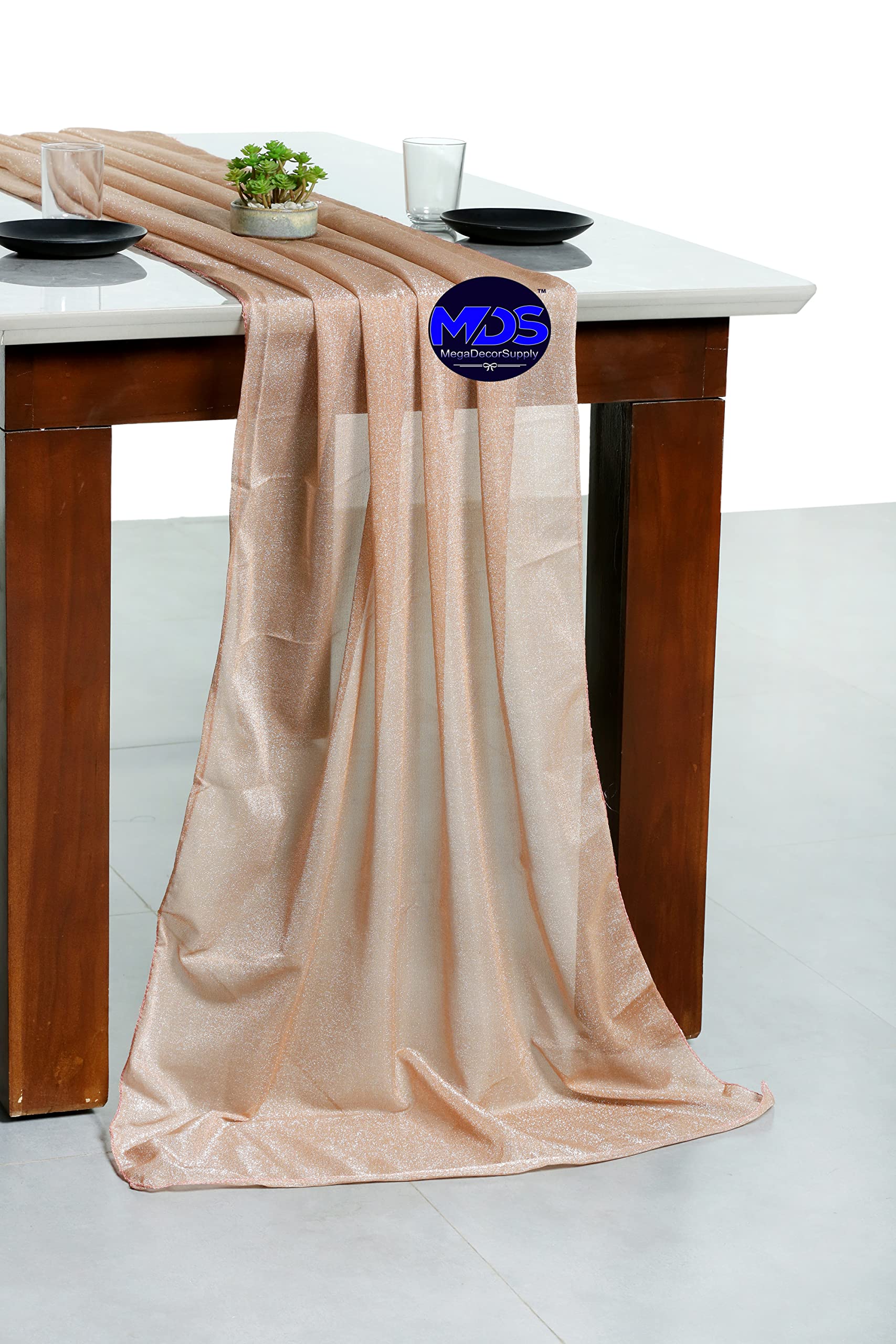 25-Pack Peach Wedding Table Runners 27x120 Inch - Fancy Sparkle Zari Banquet Decor for 10ft Tables | Elegant Wedding Reception, Anniversary & Party Decoration