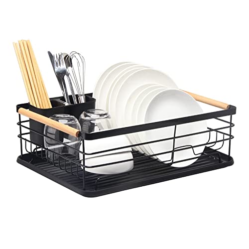 2-Tier Dish Drying Rack with Drip Tray & Cutlery Holder - Space Saving Kitchen Organizer for Dishes, Utensils & Cookware - Perfect for Small Apartments & Compact Kitchens (Black, Push-Pull Design)