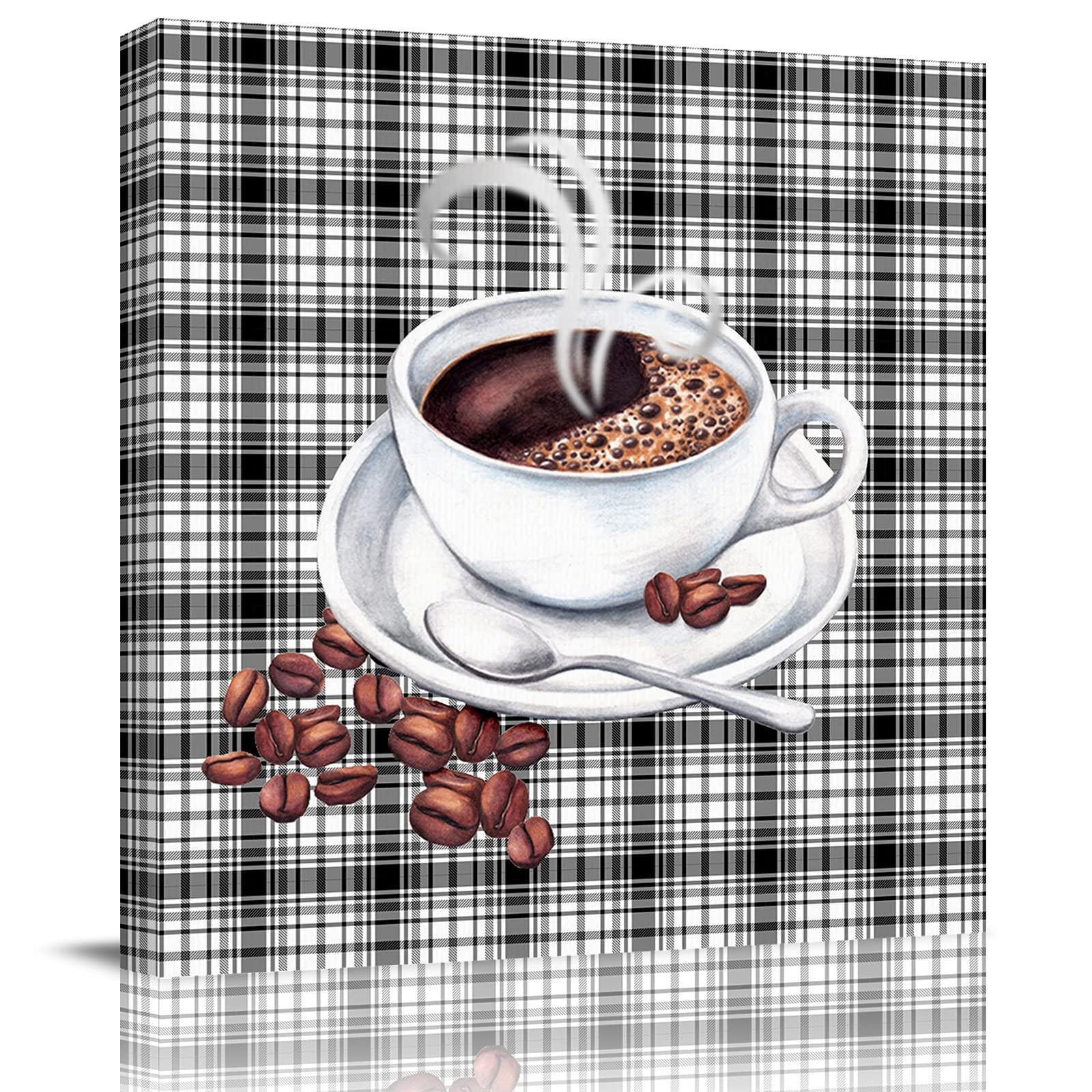 Stretched and Framed Canvas Oil Painting - Modern Black & White Geometric Plaid Wall Art for Bathroom Decor | Coffee Cup & Spoon Poster Print | Ready to Hang Home & Office Artwork | Perfect for Living Room, Bedroom, and Bathroom Wall Decor