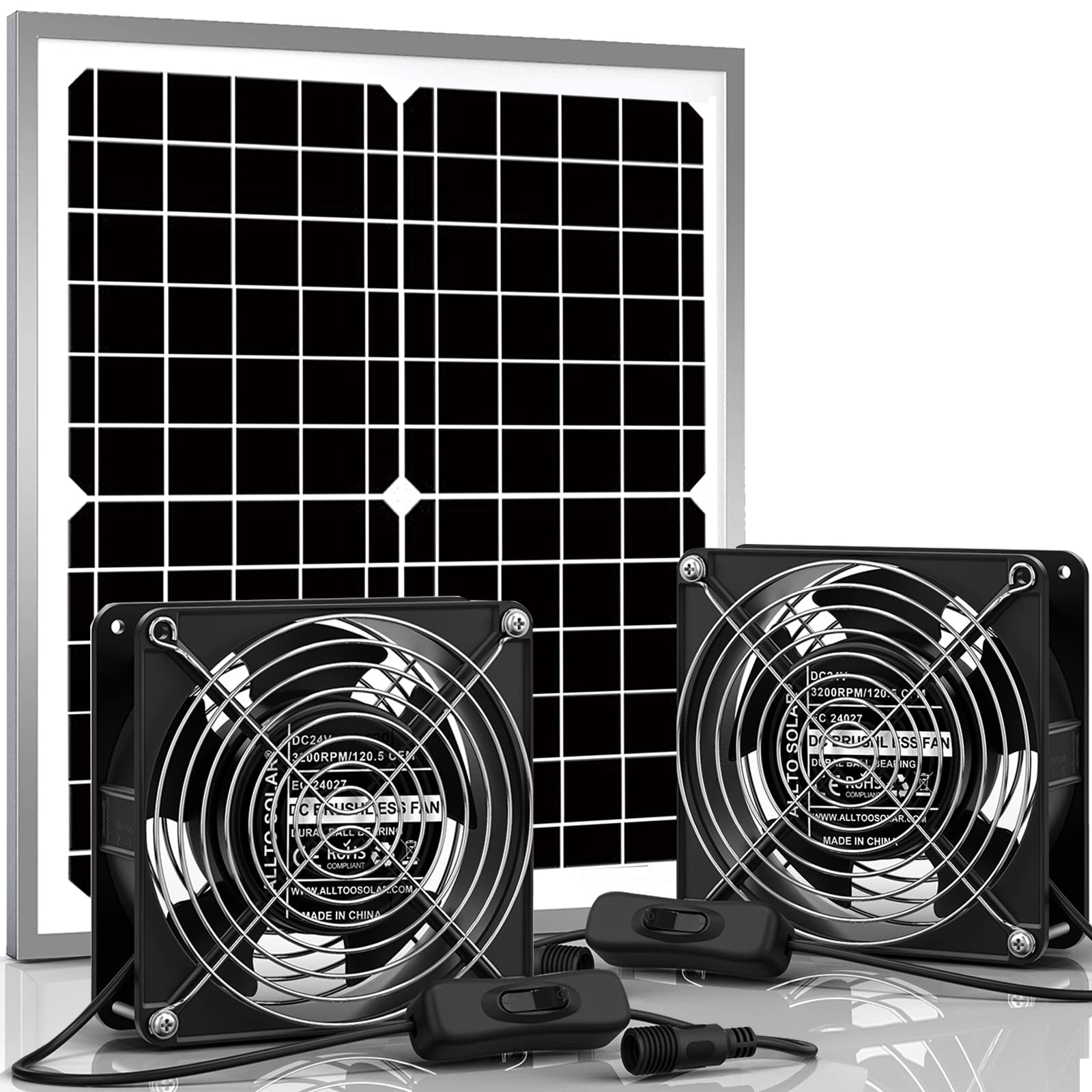 Allto Solar Waterproof 15W Solar Powered Fan Kit with 2 High Speed DC Brushless Fans - Perfect for Chicken Coops, Greenhouses, Dog Houses, Sheds & Car Window Ventilation | DIY Cooling & Air Circulation Solution for Outdoor Spaces
