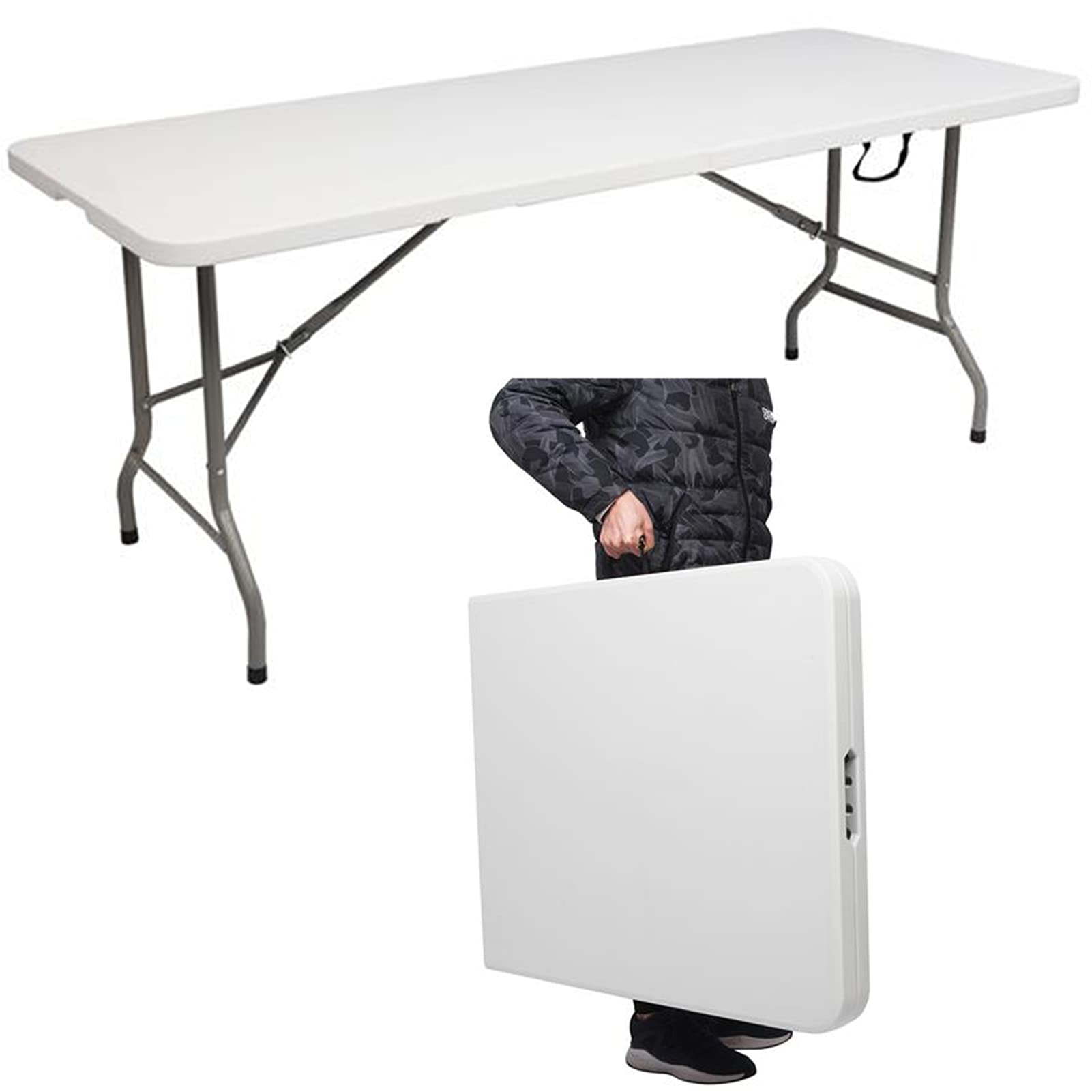 6ft Outdoor Folding Table - Heavy Duty Commercial Banquet Table with Metal Locking Legs & Thick White Tabletop | Lightweight, Portable for Courtyard, Party, Camping & Events