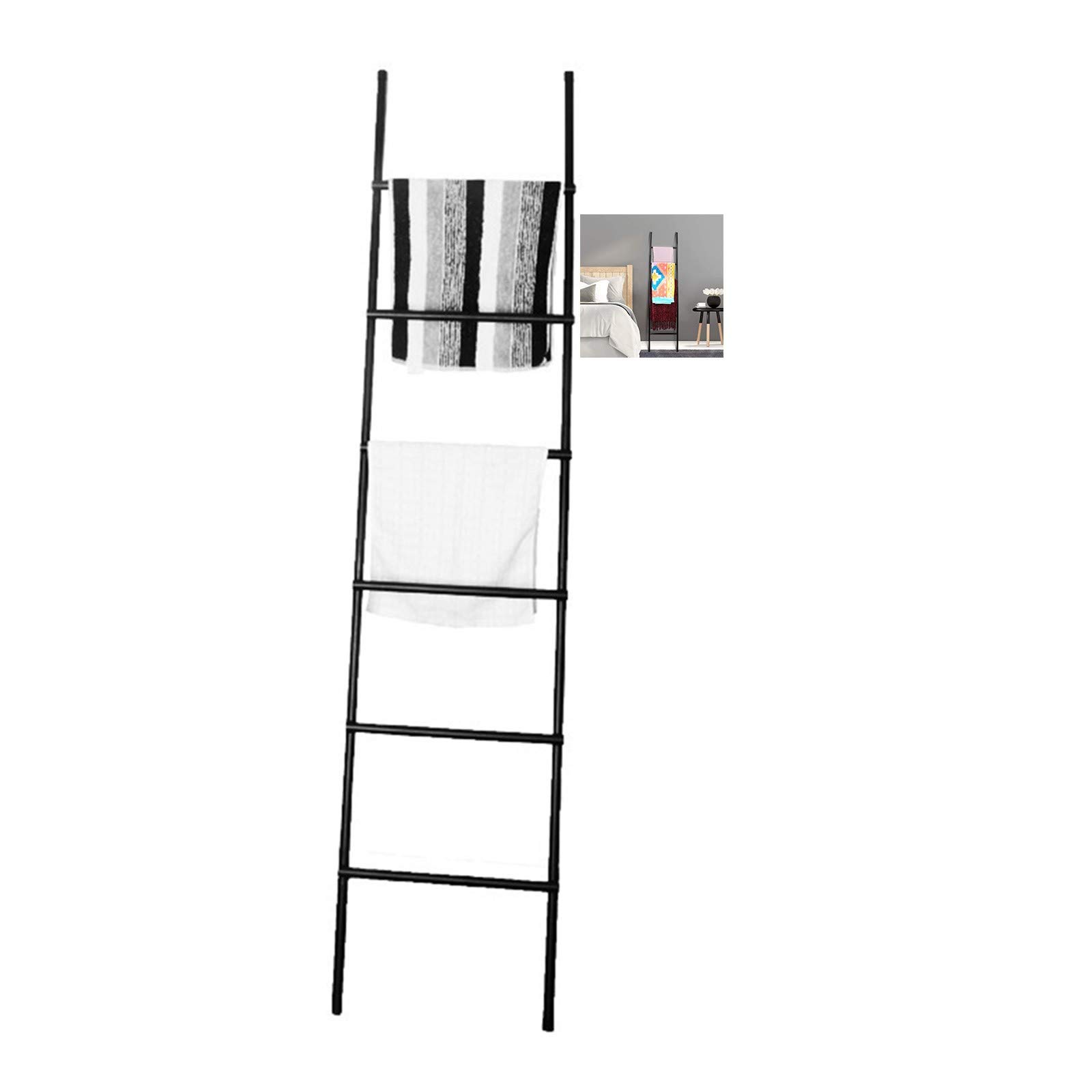 Metal Wall Leaning Ladder Towel Rack - Free Standing Blanket Ladder Organizer for Bedroom & Bathroom | Space-Saving Home Decor Accessory | Perfect for Towels, Blankets, Scarves Storage (Black)