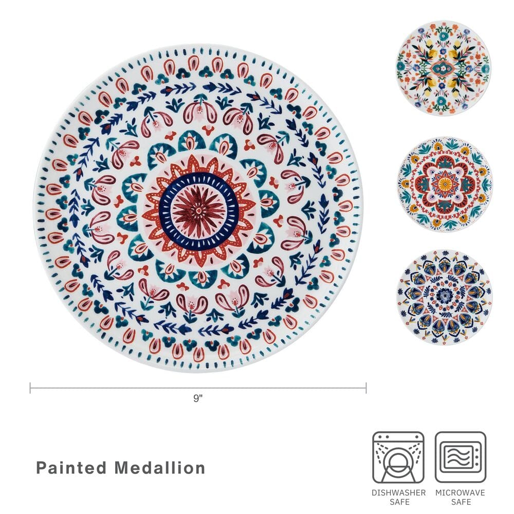 Hand-Painted Ceramic Medallion Salad Plates - Set of 4, 8.5 Inch Decorative Dinner Plates for Appetizers, Desserts & Party Serving - Elegant Tableware for Weddings, Holidays & Special Occasions