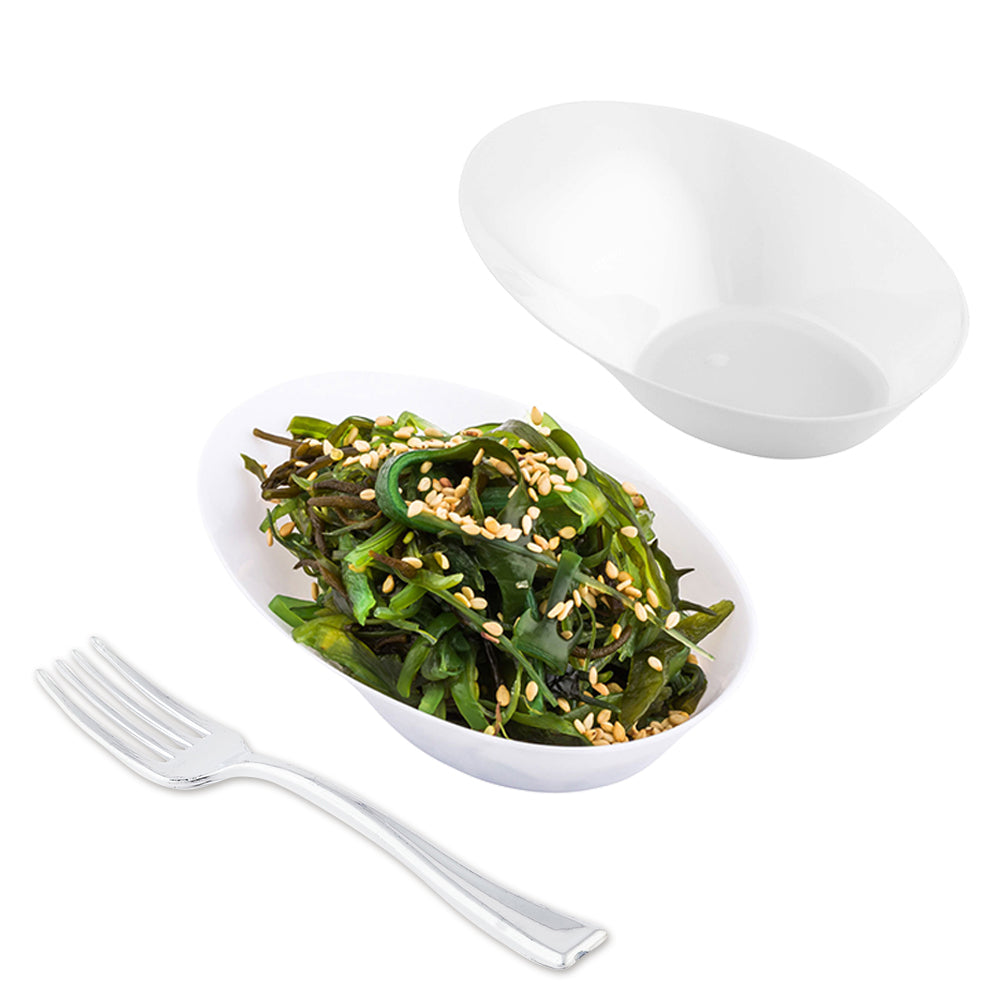 100-Pack White Plastic Oval Dishes & 100 Silver Mini Plastic Forks - Perfect for Party Appetizers, Wedding Receptions, and Catering Events