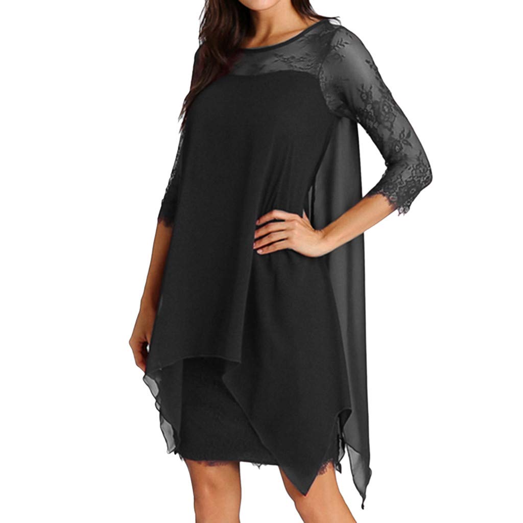 Elegant Lace Women's Dress with Chiffon Sleeves - Three Quarter Overlay Oversized Flowy Maxi Dress for Weddings, Parties & Special Occasions