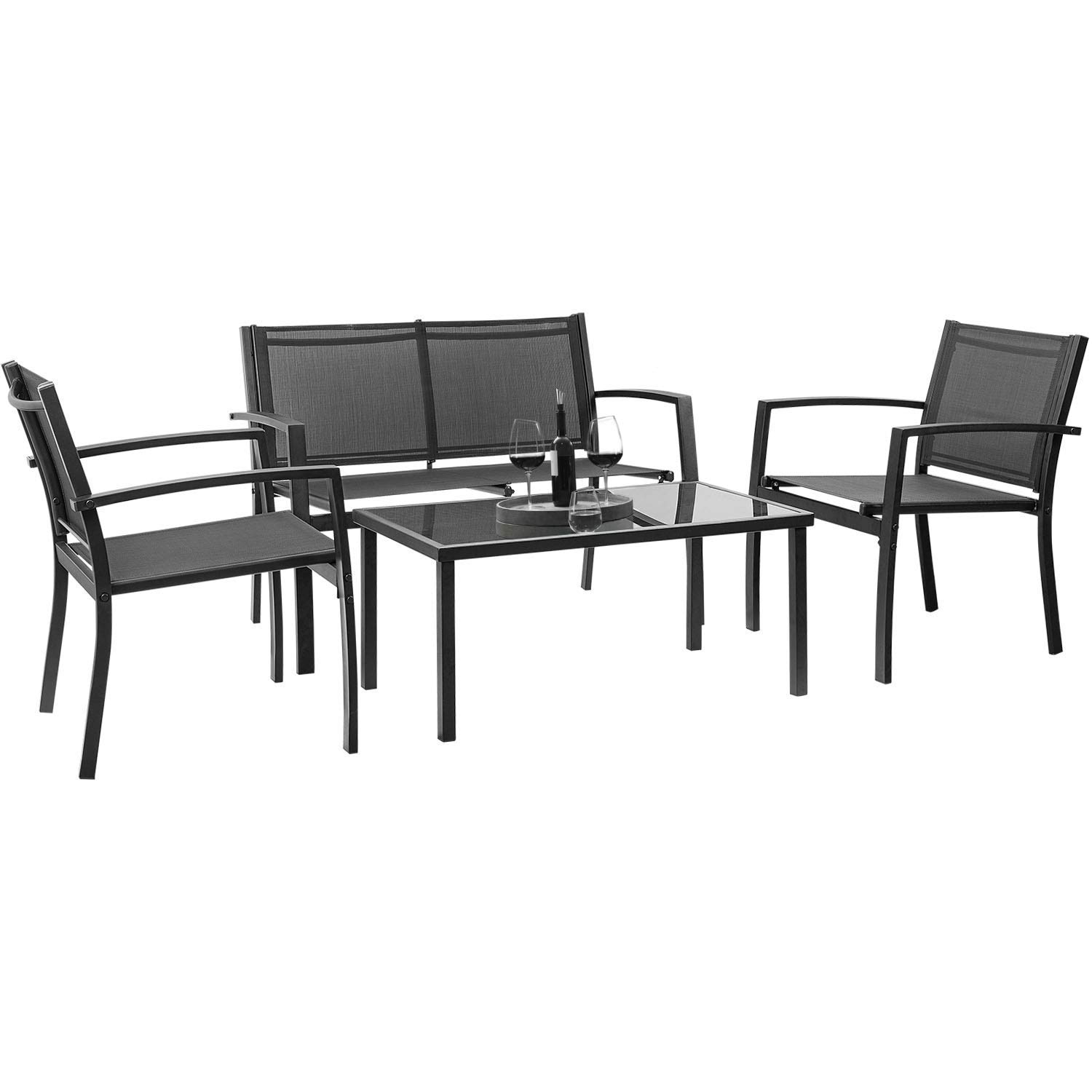 Devoko 4-Piece Outdoor Patio Furniture Set - Black Wicker Garden Conversation Set with Tempered Glass Coffee Table - Perfect for Poolside, Lawn, Porch & Backyard Relaxation