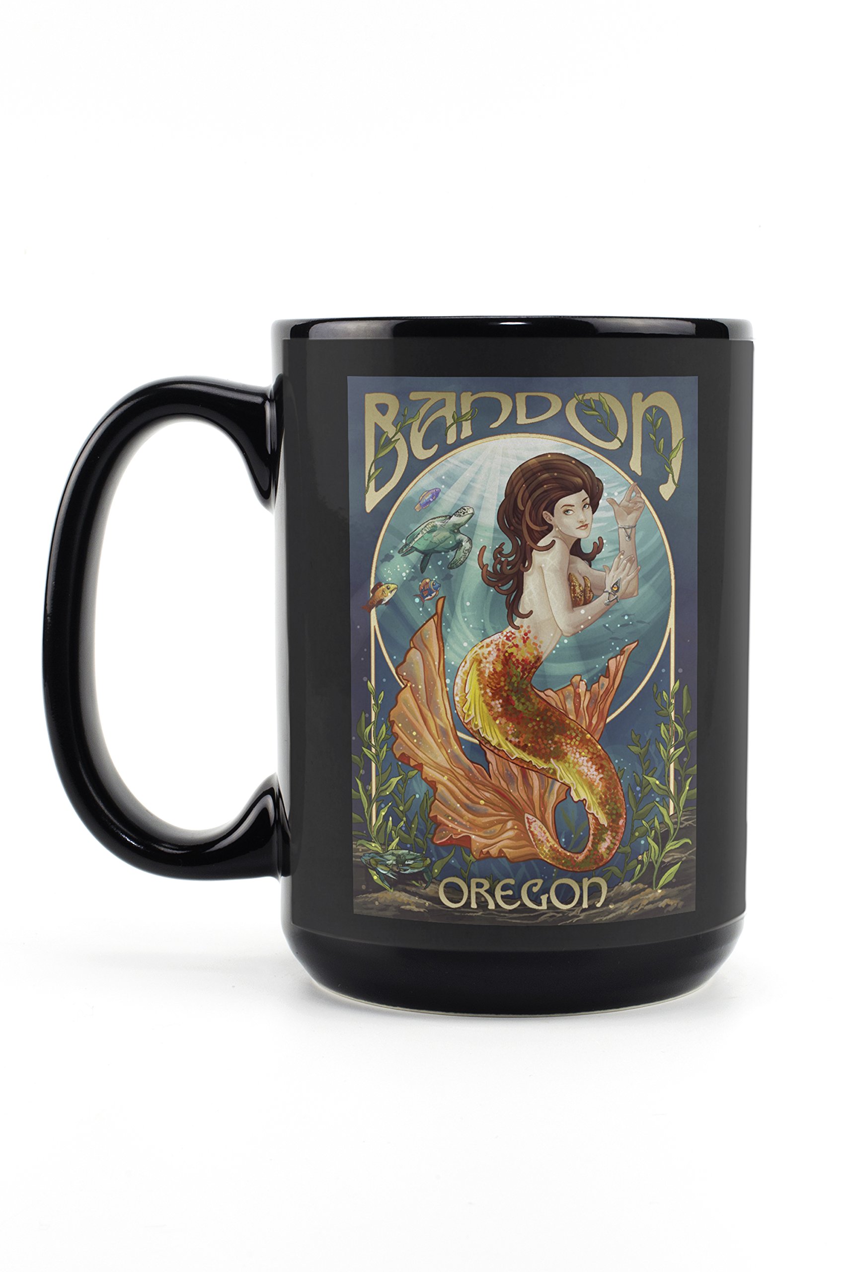 Bandon Oregon Mermaid Design 15oz Black Ceramic Coffee Mug - Microwave & Dishwasher Safe - Perfect for Home, Office & Gift Giving