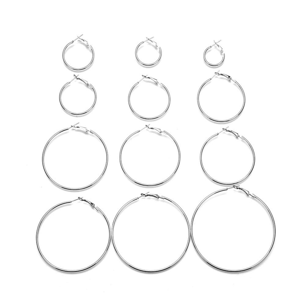 12 Pairs Hoop Earrings Set for Women - Big Circle Fashion Jewelry (2-7.5cm Diameter) - Silver Trendy Earrings for Daily Wear, Parties & Gifts