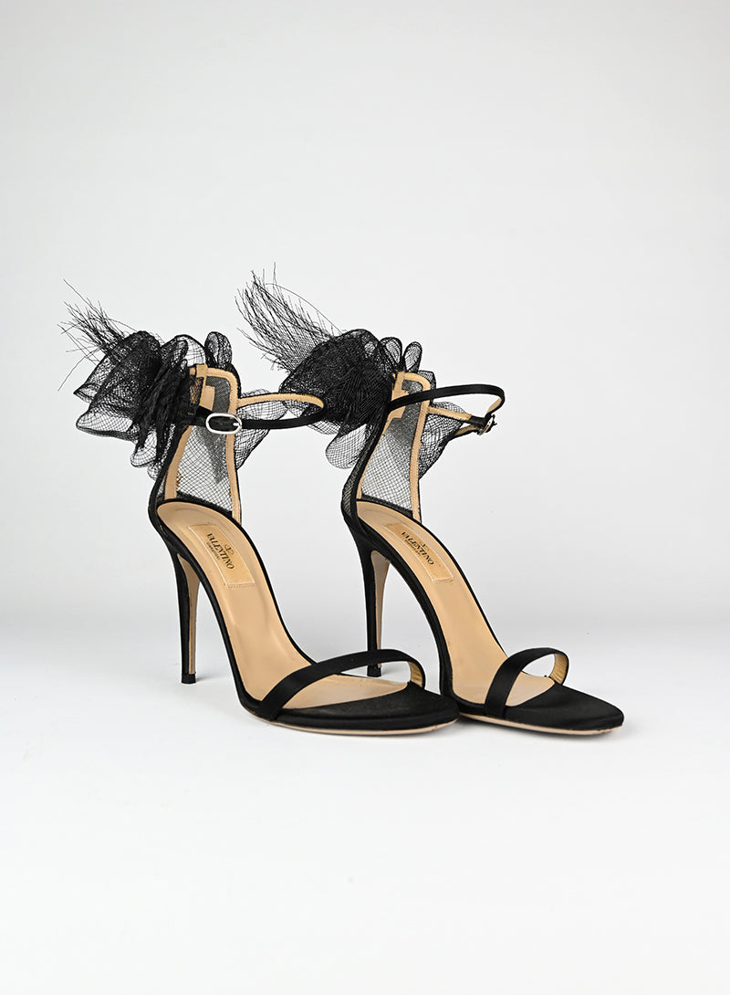 Valentino Black Satin Sandals with Flower Detail - Size 37 | Elegant Women's Dress Sandals for Weddings & Special Occasions
