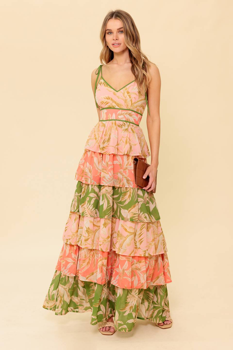 FEELS LIKE HOME TIERED MAXI DRESS in Peach & Green - Perfect for Summer Vacations, Beach Weddings & Boho Chic Outfits