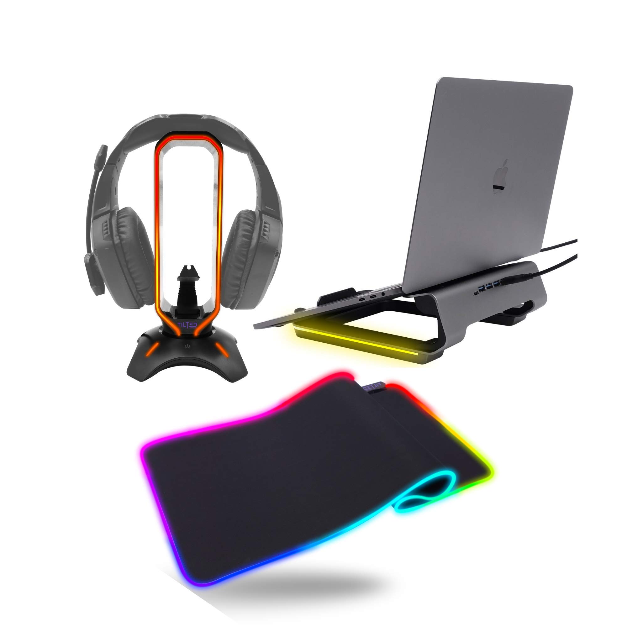 Tilted Nation RGB Gaming Headset Stand with Ergonomic Laptop Stand & Extended Mouse Pad - Ultimate Gamer Gift Set for PC & Console Gaming Setup