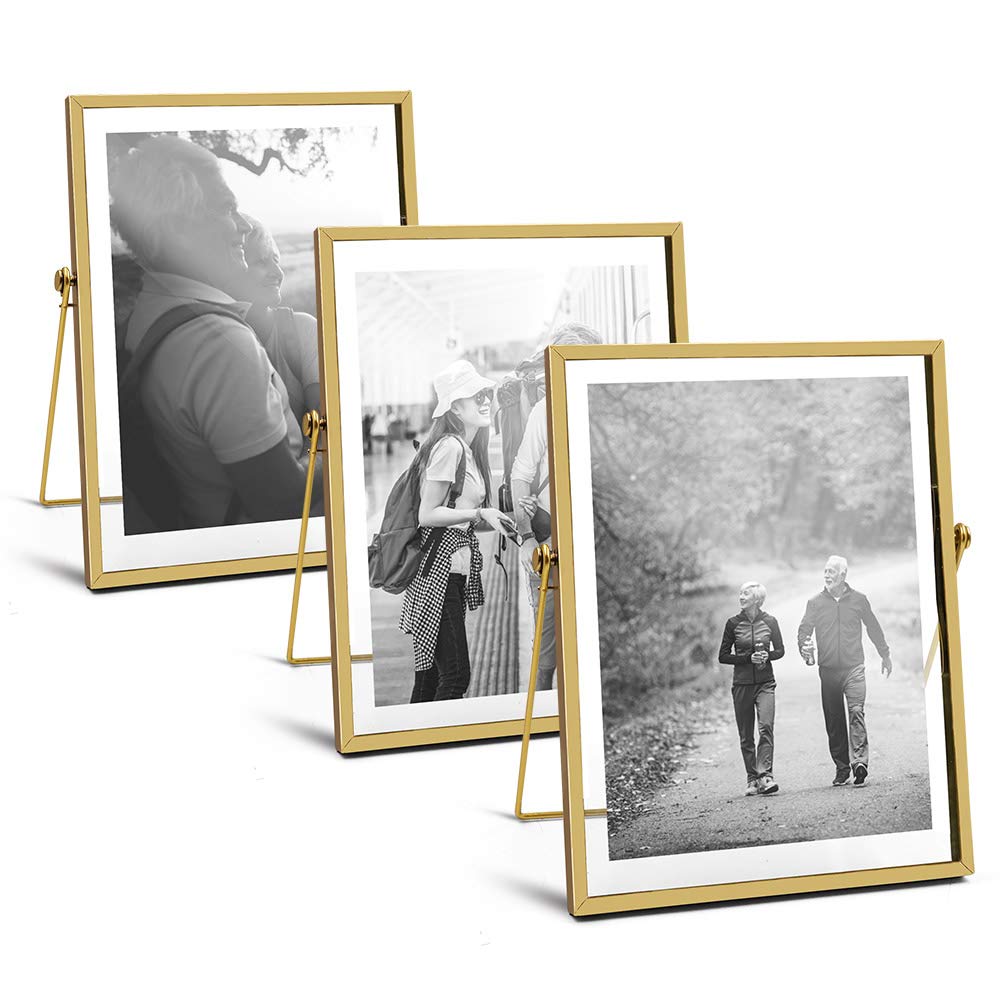 AceList 5x7 Metal Photo Frames Set of 3 - Gold Ornate Floating Glass for Tabletop Display