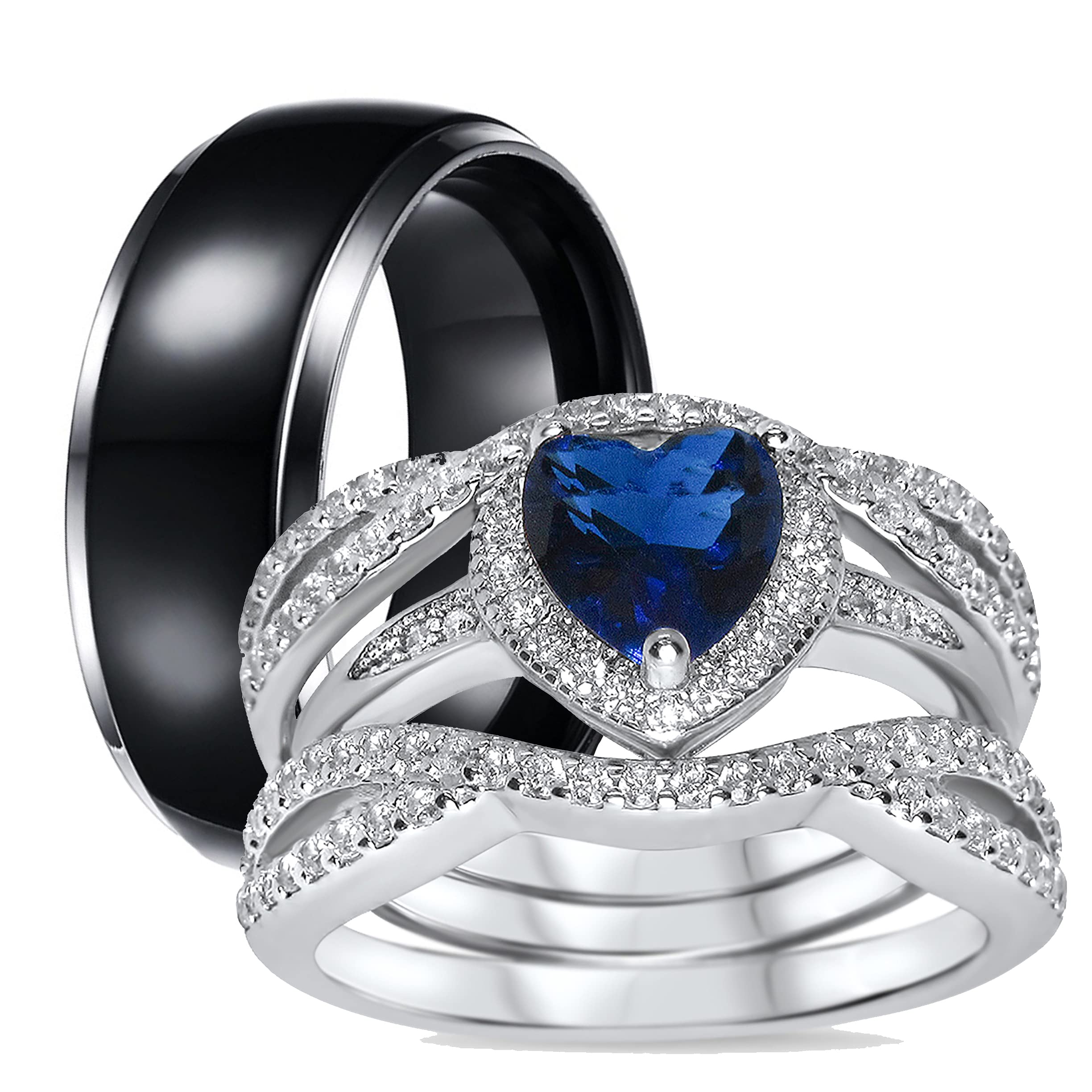 His & Hers Wedding Ring Set - 3 PCS Bridal Trio for Engagement & Ceremony