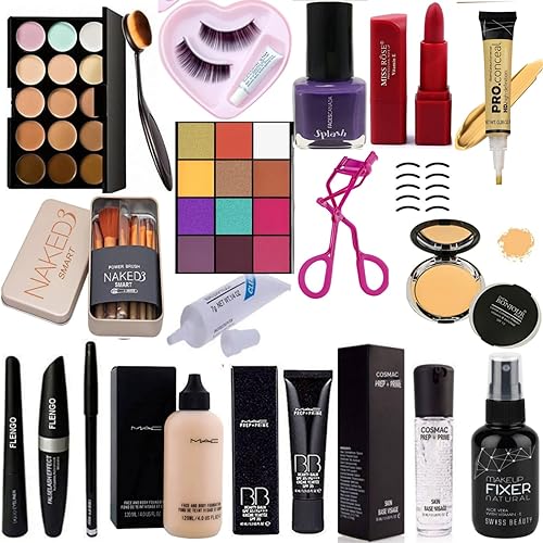 Complete 19-Piece Makeup Kit with Lipstick, Primer, Foundation, Sindoor, Eyeliner, Compact, Blush, Facial Soap, Concealer, Mascara, Kajal & Nail Polish - Perfect for Bridal, Party & Professional Makeup Looks