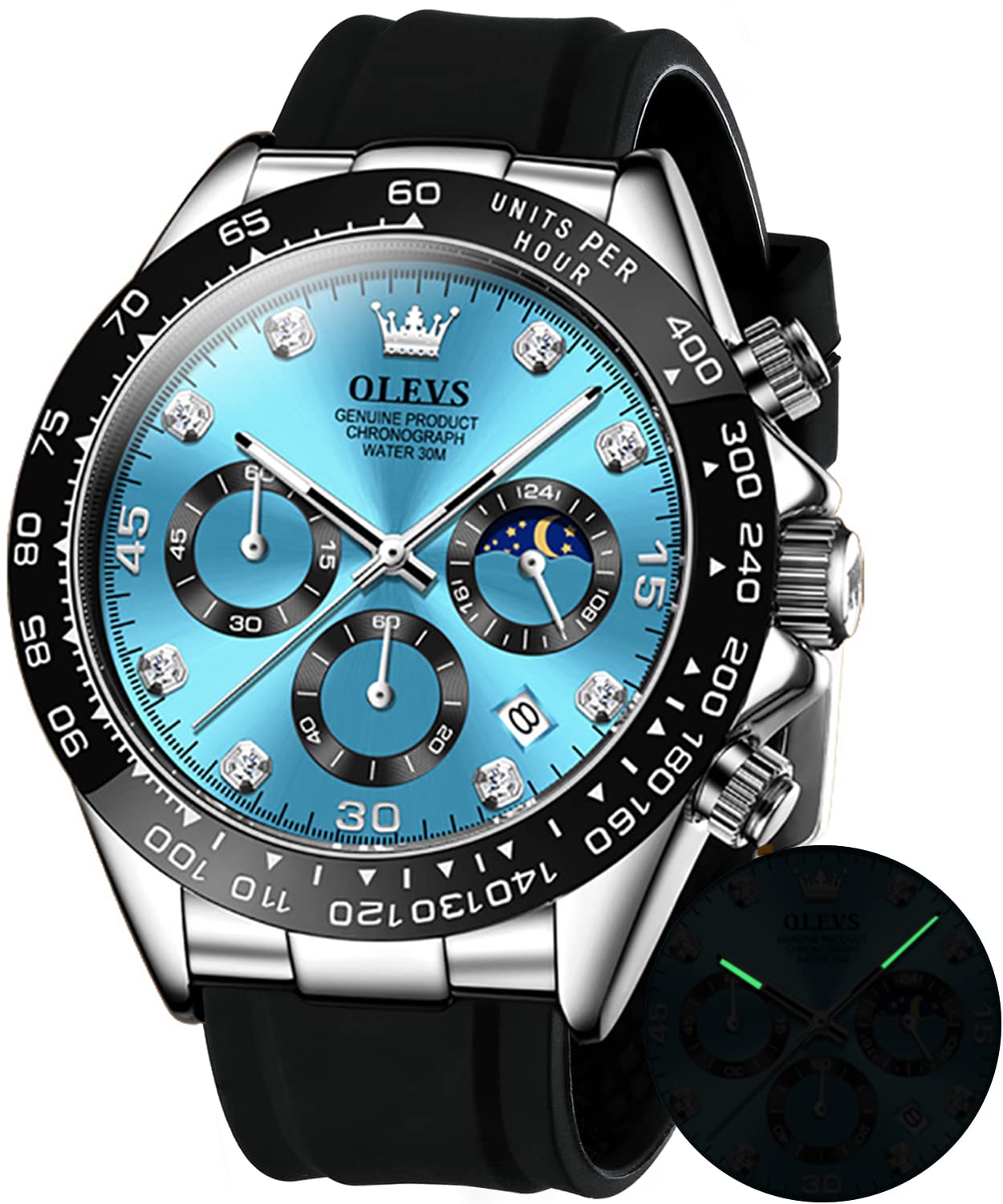OLEVS Men's Quartz Waterproof Chronograph Analog Watch with Moon Phase, Luminous Hands, and Diamond Accents - Perfect for Business, Casual, and Outdoor Activities