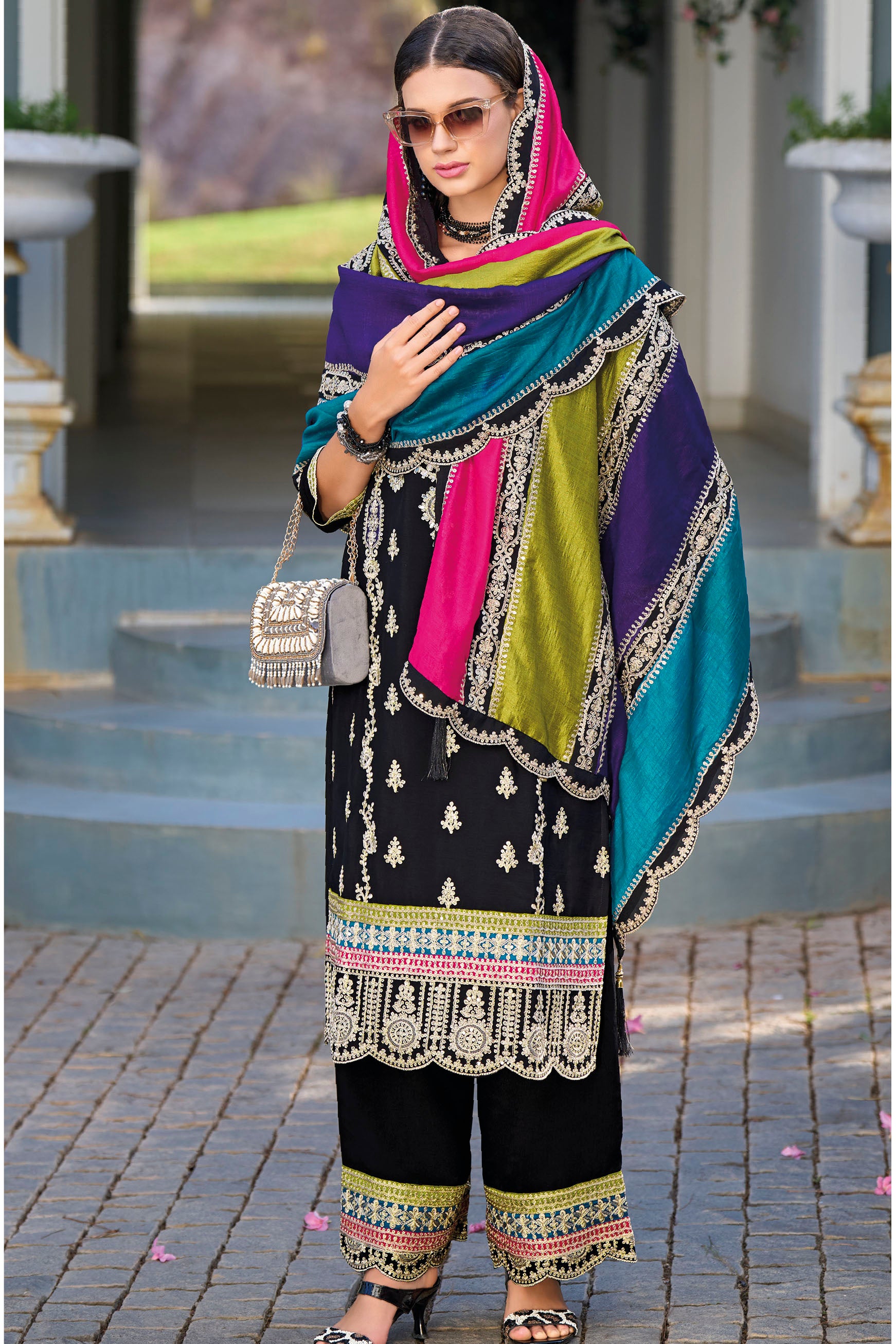Stylish Black Heavy Designer Chinon Embroidery Kurti with Palazzo & Dupatta (D1353) - Perfect for Festivals, Weddings & Ethnic Fashion
