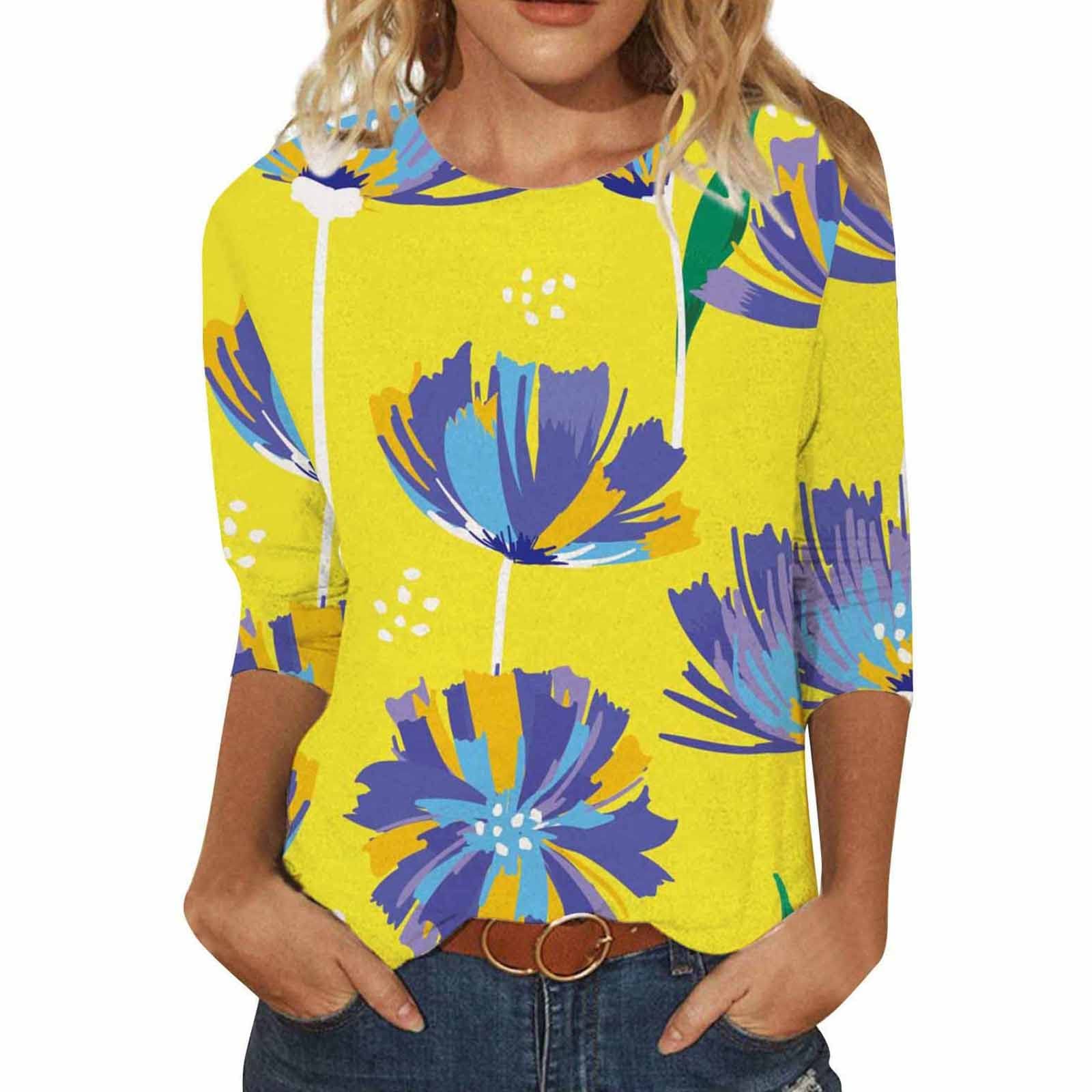 Trendy 3/4 Sleeve Crew Neck Tops for Women - Floral Printed Casual T-Shirts & Tunic Blouses - Perfect for Work, Weekend Outings & Spring Fashion