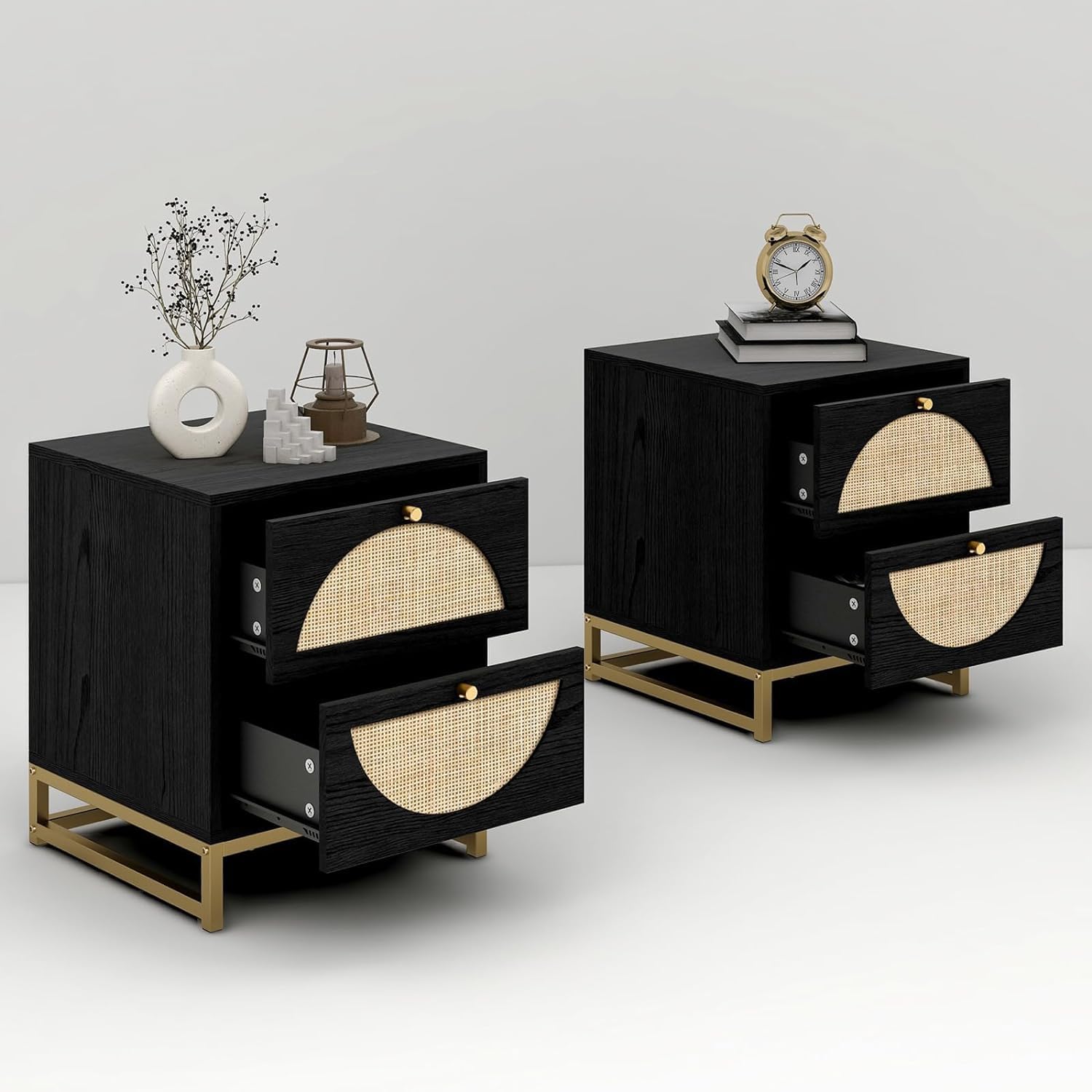 Rattan Nightstand with 2 Drawers - Wooden End Table for Bedroom & Living Room - Black Set of 2