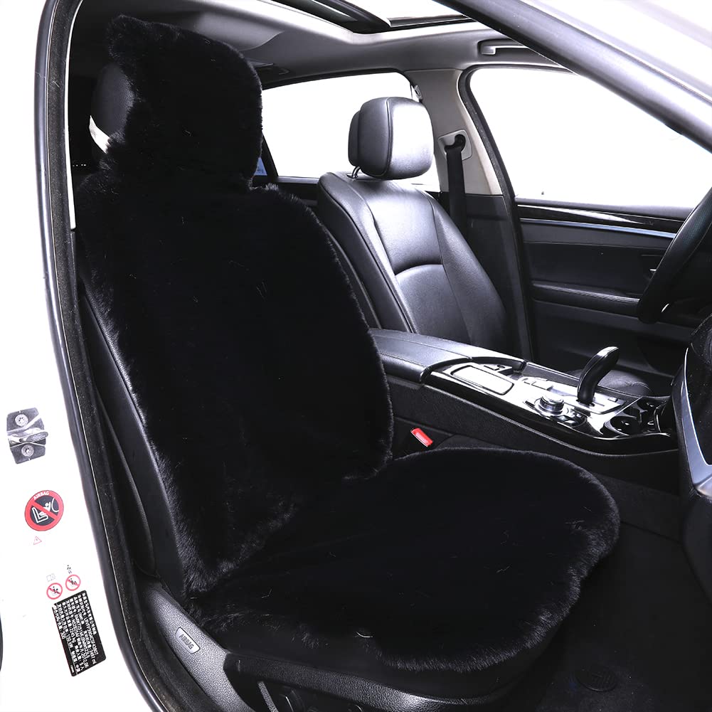 Premium Faux Fur Car Seat Cover - Soft Fluffy Fuzzy Car Accessory for Trucks & SUVs, 1-Seat Black with Backrest - Cozy & Stylish for Winter Driving & Road Trips