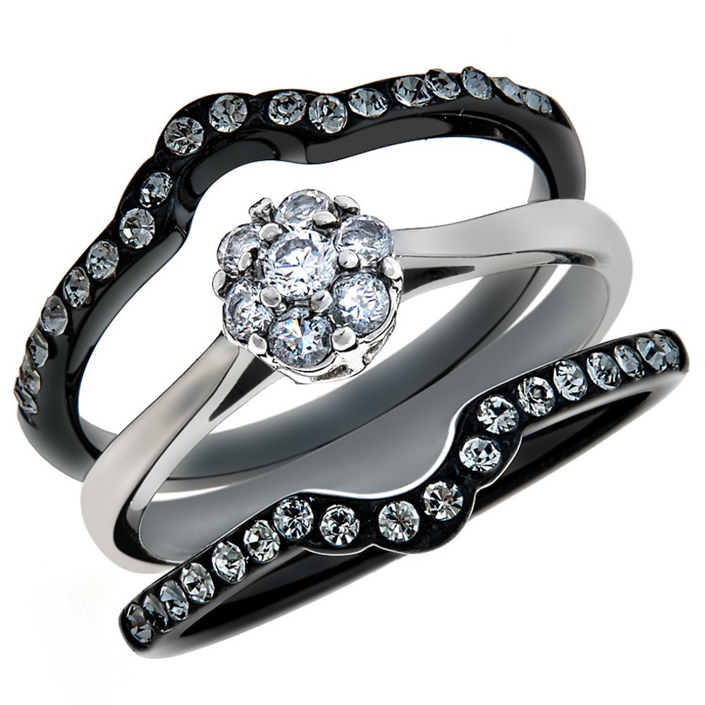 1.85ct CZ Black Stainless Steel Wedding Ring Set for Women Size 5-10 - Elegant Bridal Jewelry