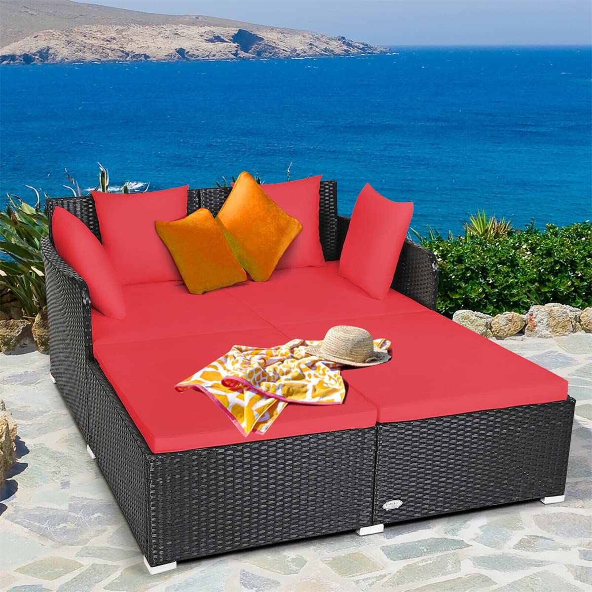 Liviza Outdoor Wicker Sofa Bed - Rattan Sectional Daybed with Spacious Seating & Comfortable Cushions - Patio Furniture Set with 4 Throw Pillows for Poolside, Garden, Living Room (Red) - Perfect for Relaxing, Sunbathing and Outdoor Entertaining