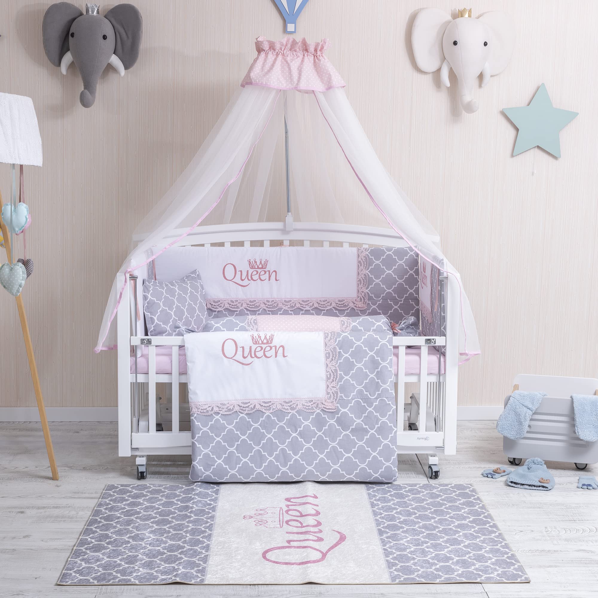 100% Cotton Turkish Crib Bedding Set for Baby Girls & Boys - Soft, Comfortable & Breathable - 8 Piece Nursery Set (Queen Size) - Perfect for Baby Showers, Registry Gifts & Nursery Decor