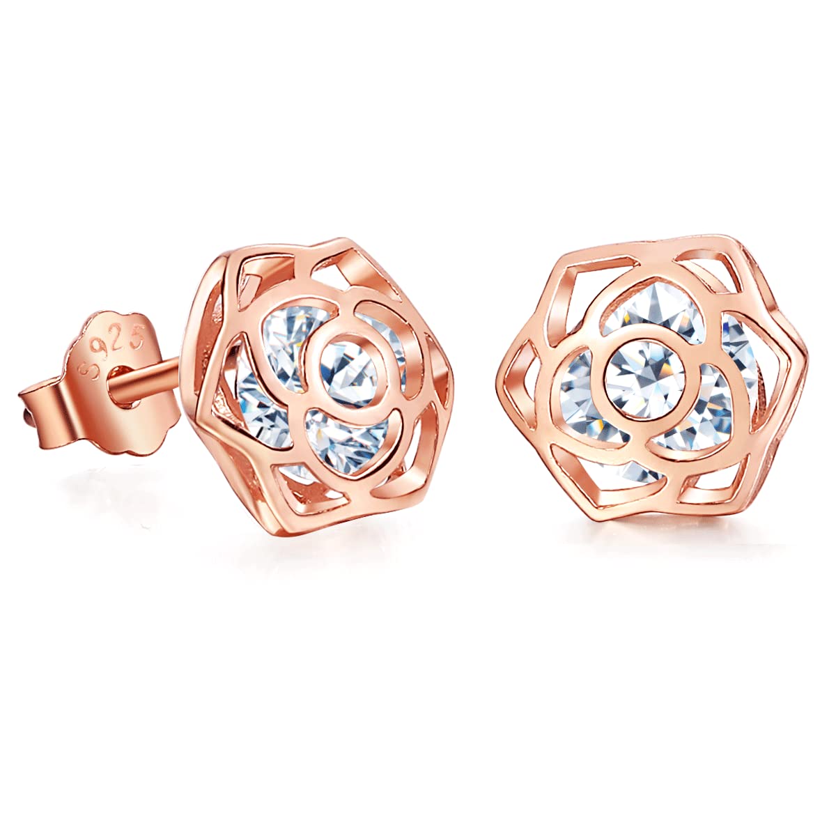 925 Sterling Silver Rose Stud Earrings with CZ Flower - Hypoallergenic Rose Gold Plated Jewelry for Women, Girls, Mother, Wife | Perfect Gift for Birthday, Anniversary, Valentine's Day