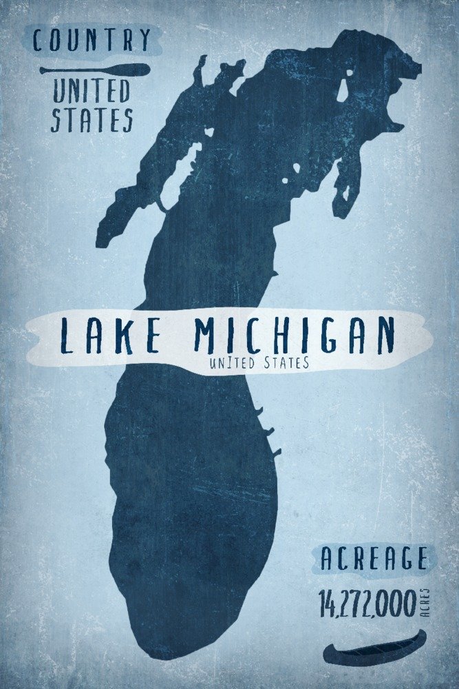 Lake Michigan USA - 36x54 Giclee Gallery Print Wall Art Poster | Lake Essentials, Shape & Acreage Map | Travel Decor for Home, Office & Classroom