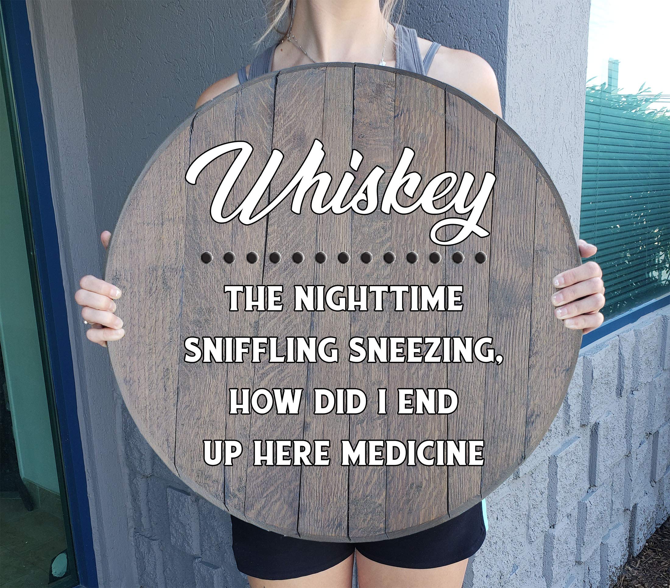 Rustic Whiskey Barrel Lid Wall Decor - Natural Barnwood Gray Bar Sign for Whiskey Lovers | Perfect for Home Bar, Man Cave, or Pub Decor