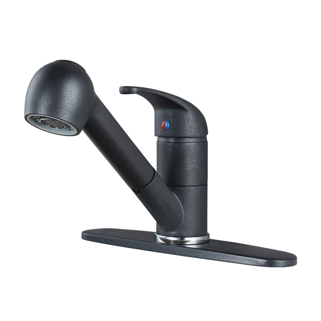 WOWOW RV Kitchen Faucet with Pull-Out Sprayer - Single Hole Low Arc Design, Matte Black Utility Sink Faucet with Deck Plate (Black Quartz/Metallic Black) - Perfect for RV, Camper, Tiny Homes & Small Kitchen Spaces