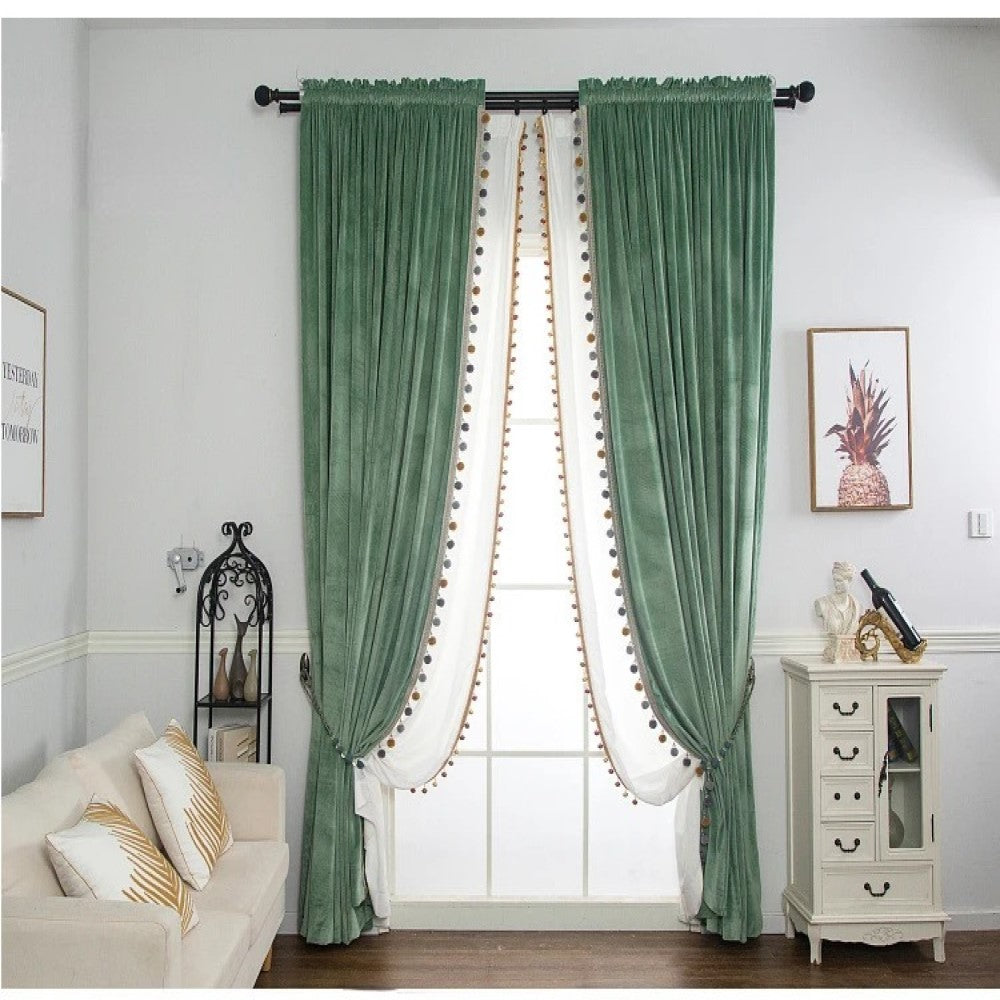 Luxury European Pompom Lace Velvet Curtains - Sea Green | Elegant Window Treatments for Living Room & Bedroom | Home Decor & Blackout Drapes