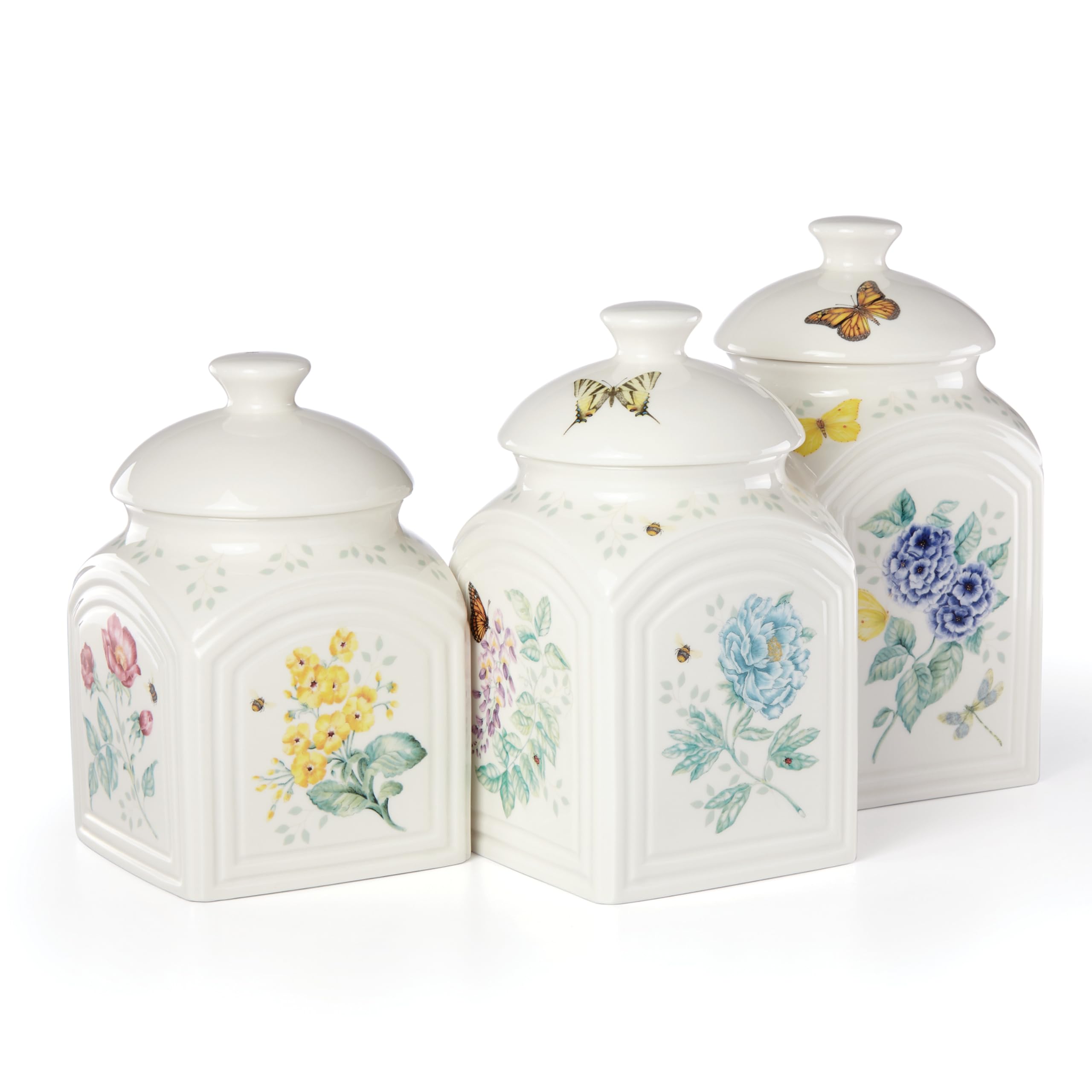 Lenox Butterfly Meadow Canister Set - 3-Piece Ceramic Storage Containers for Kitchen, Pantry & Countertop Organization - Perfect for Flour, Sugar, Coffee & Dry Food Storage