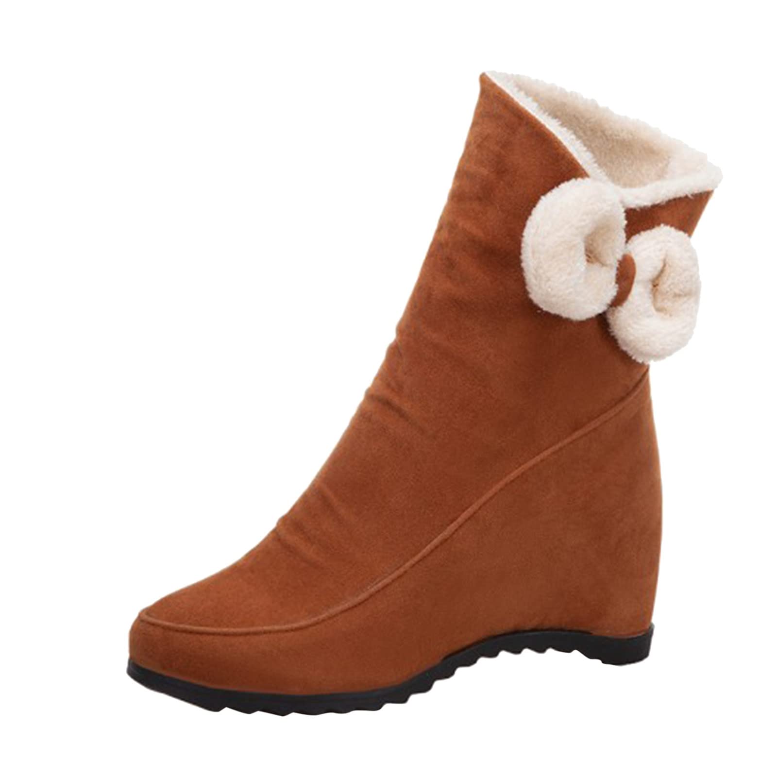 Women's Fashion Tassel Bowknot Suede Slope Boots with Inner Snow Warm Height Increase Heel - Brown Size 8.5 | Perfect for Winter Outfits, Snow Days & Casual Wear