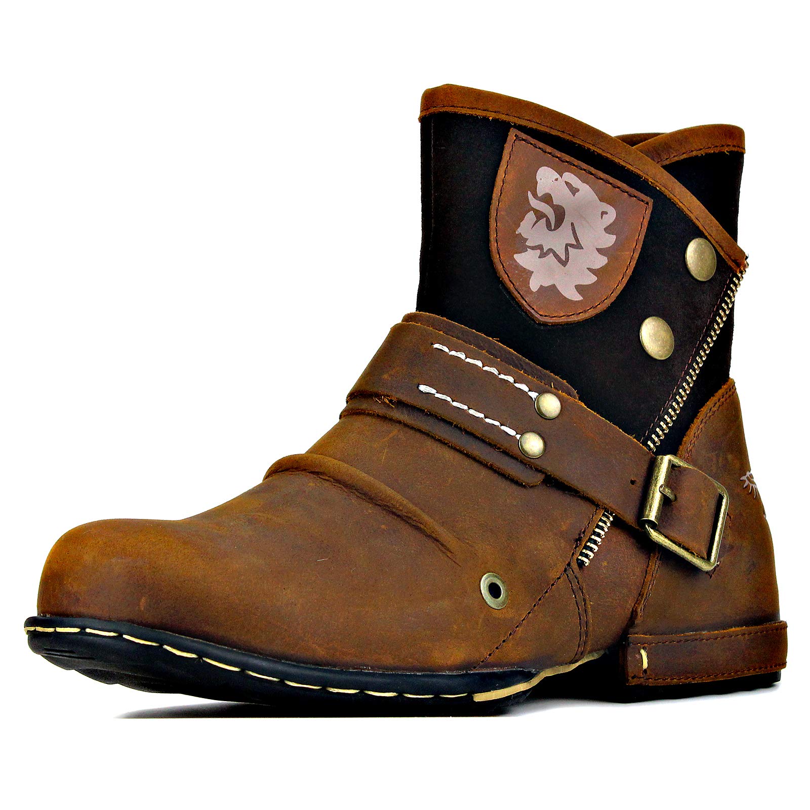 OSSTONE Men's Fashion Moto Boots - Zipper-Up Leather Chukka Boots Casual Shoes OS-5008-7-A | Perfect for Motorcycle Riding, Outdoor Adventures & Street Style