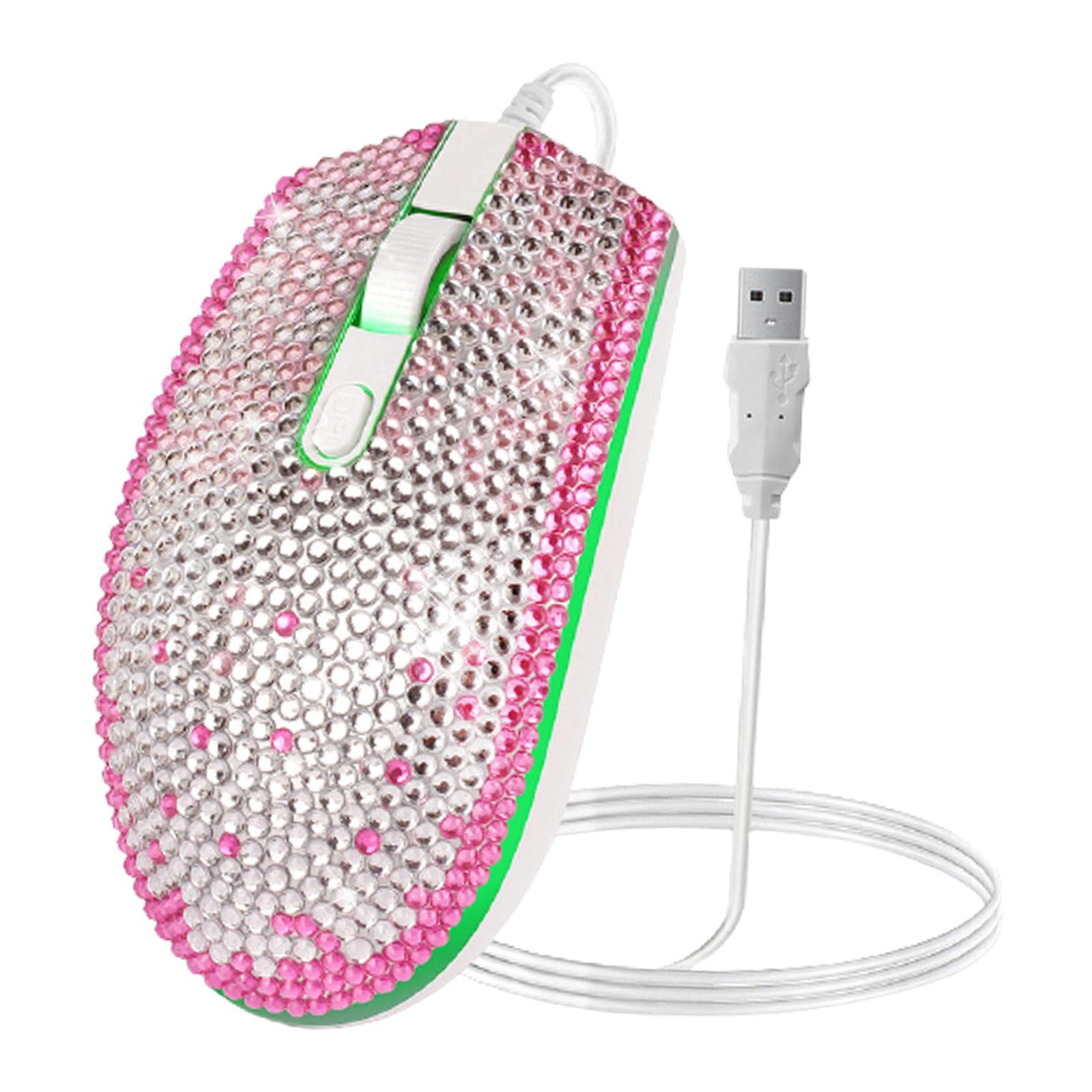 Baoblaze Wired USB Gaming Mouse - 1600DPI Ergonomic Computer Mouse with 7-Color Breathing LED Lights & Pink Rhinestone Design for PC Gamers - Perfect for Gaming, Office Work, and Daily Computer Use