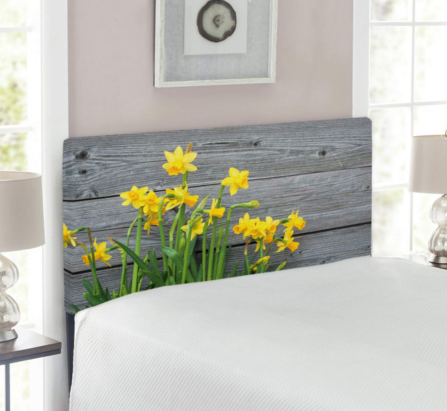 Ambesonne Yellow Flower Headboard - Rustic Daffodil Bouquet on Wood Planks, Upholstered Metal Bed Frame with Memory Foam (Twin Size, Yellow/Grey) | Farmhouse Bedroom Decor for Country Style Homes