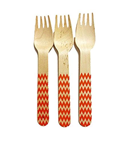 Perfect Stix Chevron Forks - Pack of 36 Orange Printed Wooden Forks with Chevron Pattern, 6 Inch - Eco-Friendly Disposable Cutlery for Parties, Weddings, Picnics & Events