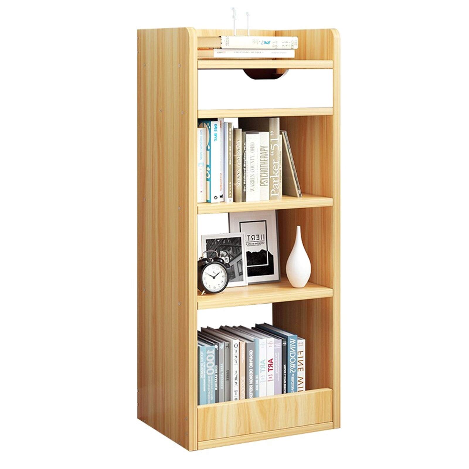 4-Tier Wooden Bookcase with Drawer - Light Walnut Open Storage Shelf, 13