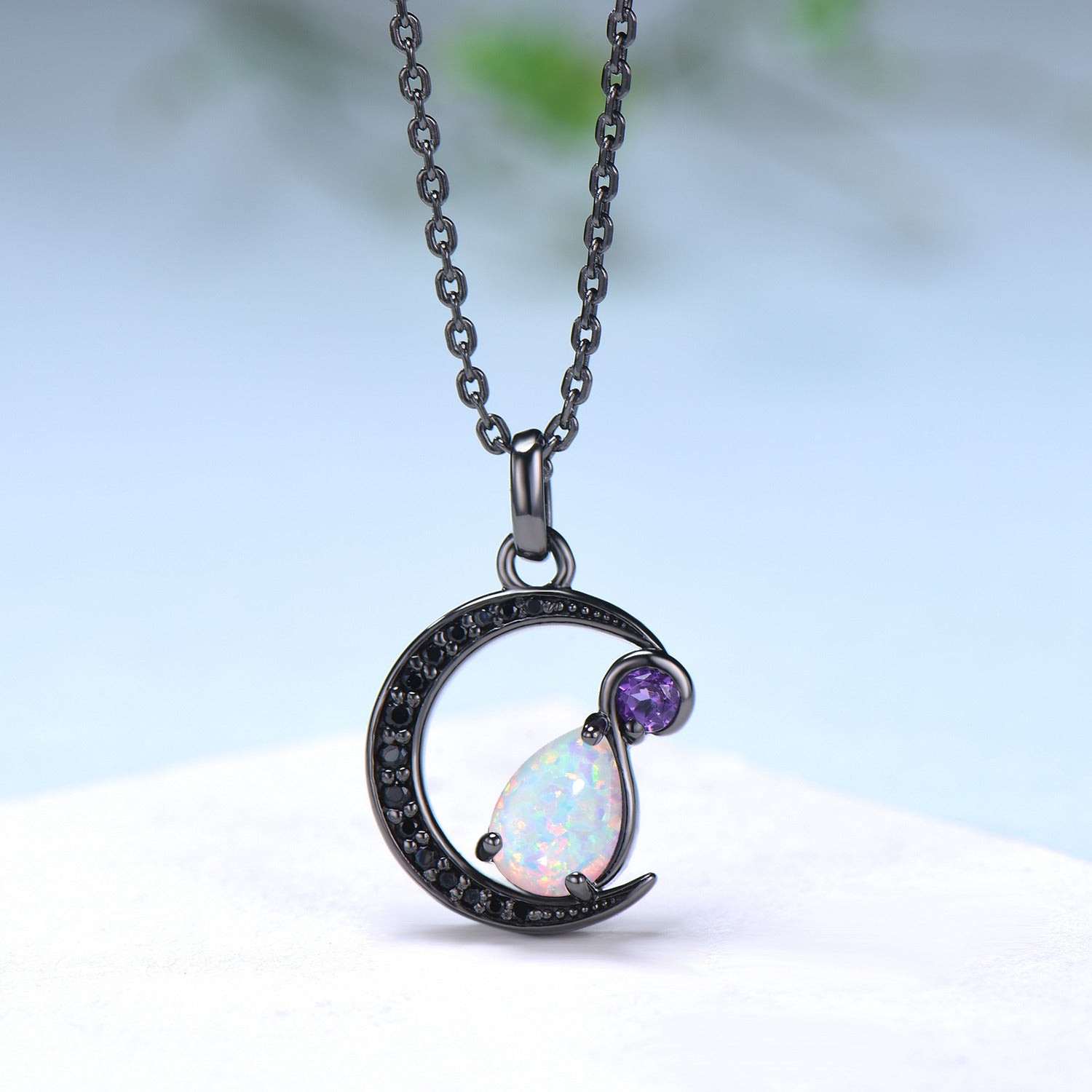Magic Crescent Moon Black Gold Opal Amethyst Gothic Pendant Necklace - Unique Pear Shaped Fire White Opal Black Spinel Jewelry for Women | Perfect for Halloween, Gothic Fashion, Witchy Aesthetic & Boho Chic Outfits