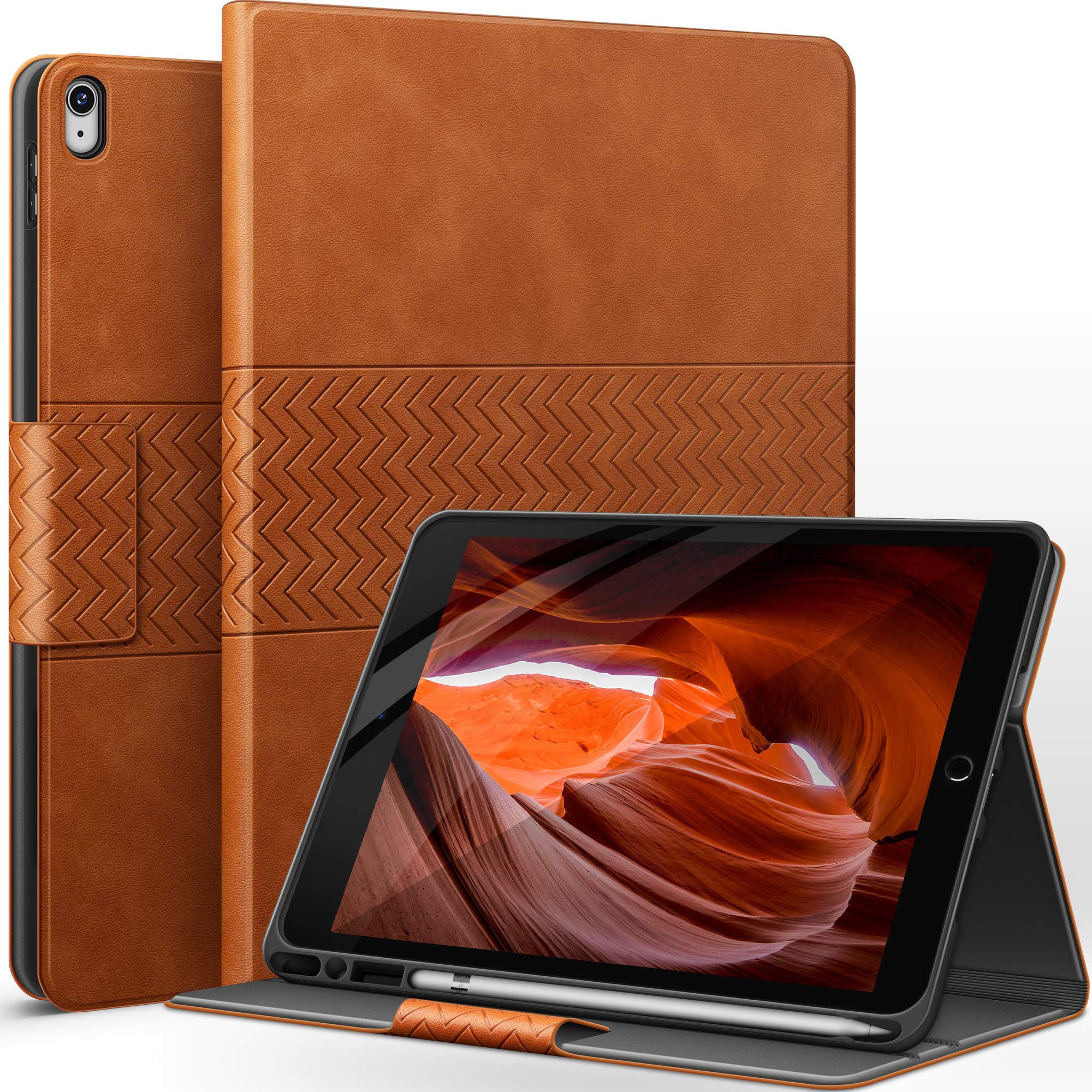 Premium Vegan Leather iPad Air 3 (2019) & iPad Pro 10.5 (2017) Case with Built-in Apple Pencil Holder, Auto Sleep/Wake, Adjustable Stand - Perfect for Work, Study & Travel (Brown)