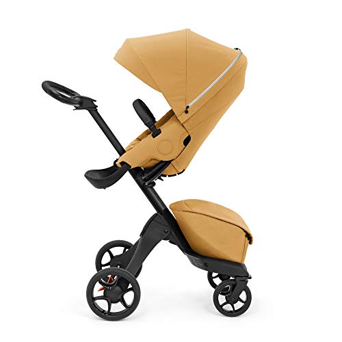 Stokke Xplory X Luxury Baby Stroller - Adjustable Height for Parent & Child Comfort - Padded Seat, Safety Harness & Reflective Zipper - One-Step Fold - Golden Yellow | Perfect for Urban Walking, Shopping & Travel