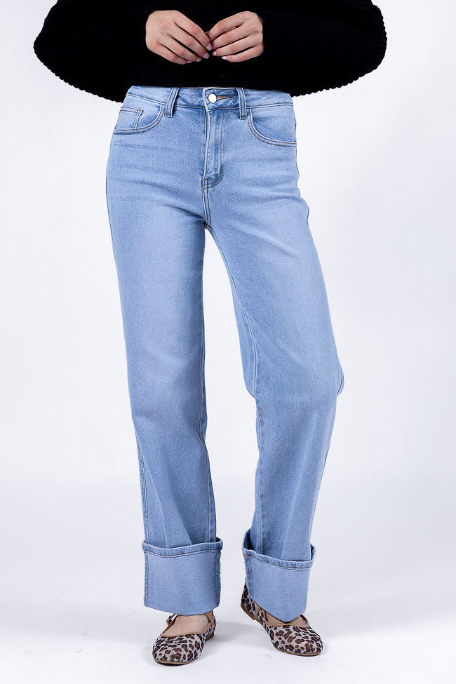 Camila Light Wash Wide Leg Cuffed Jeans for Women - High Waist Distressed Denim Pants - Casual & Chic Outfit for Streetwear, Date Night, and Everyday Wear