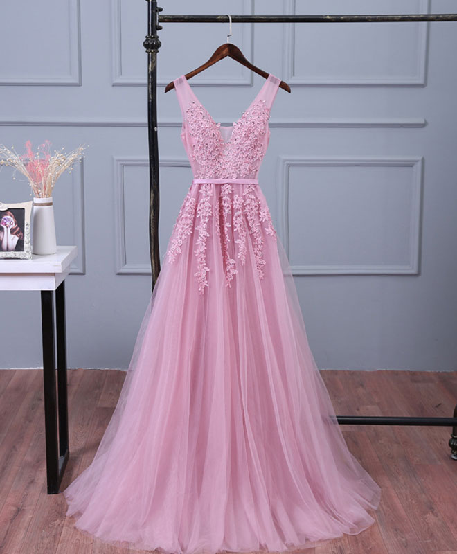 Elegant Pink V-Neck Lace Tulle Long Prom Dress for Women - Romantic Evening Gown for Formal Dances, Weddings & Special Occasions