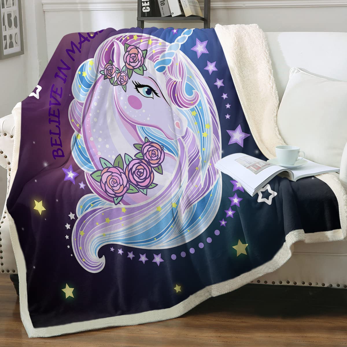 Sleepwish Purple Unicorn Fleece Throw Blanket for Girls - Soft Sherpa & Fuzzy Blanket with Star Space Design (90x90 Inches Queen Size) - Perfect for Kids Bedroom, Nursery Decor, Gift Giving & Cozy Movie Nights